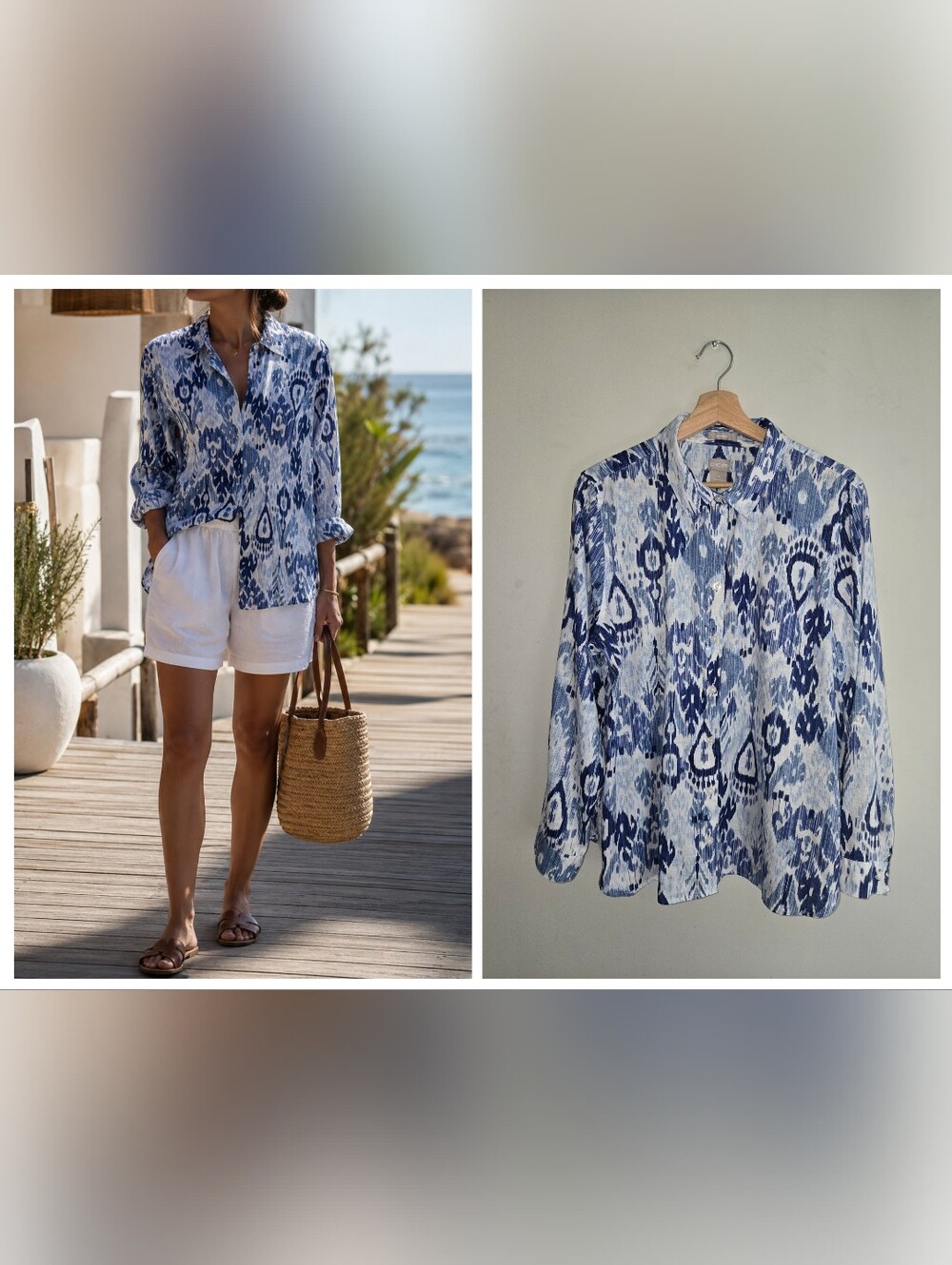 Chico’s 100% Linen Ikat Button Down Shirt Blue White Resort 16/18 Resort Coastal